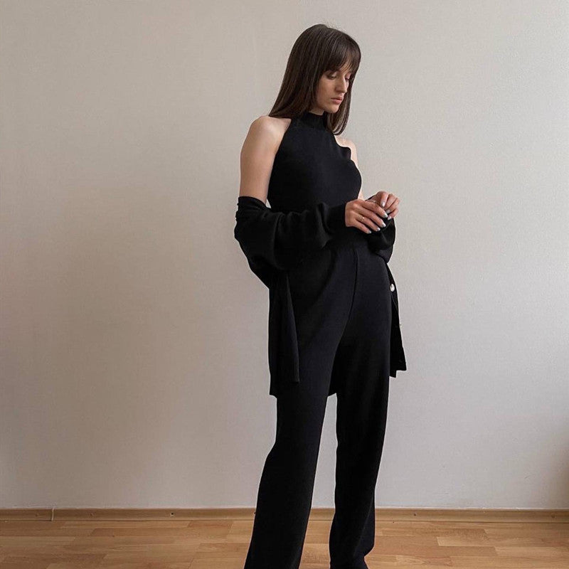 Damen elegantes Strick-Lounge-Set mit hohem Kragen und weiter Passform Heidi-Mode