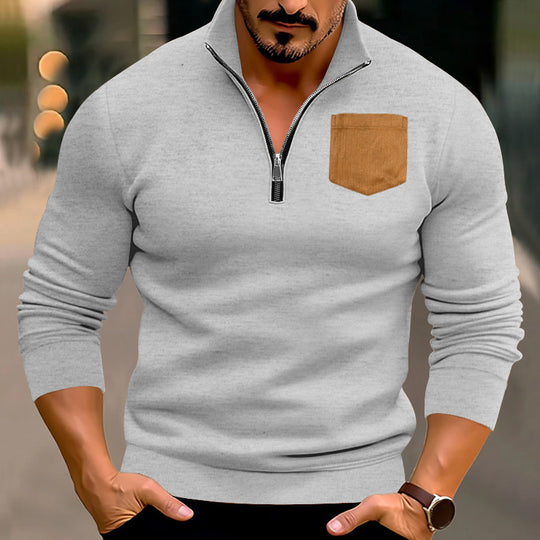 Herren sportlicher Pullover mit halbem Reißverschluss und kontrastierender Brusttasche Heidi-Mode