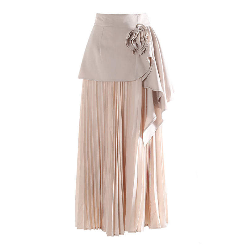 Damen Eleganter Maxi-Rock mit voluminösen Plisseefalten und dekorativem Blumenapplikation Heidi-Mode
