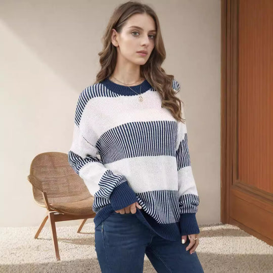 Damen gestreifter Strickpullover mit weitem Schnitt Heidi-Mode