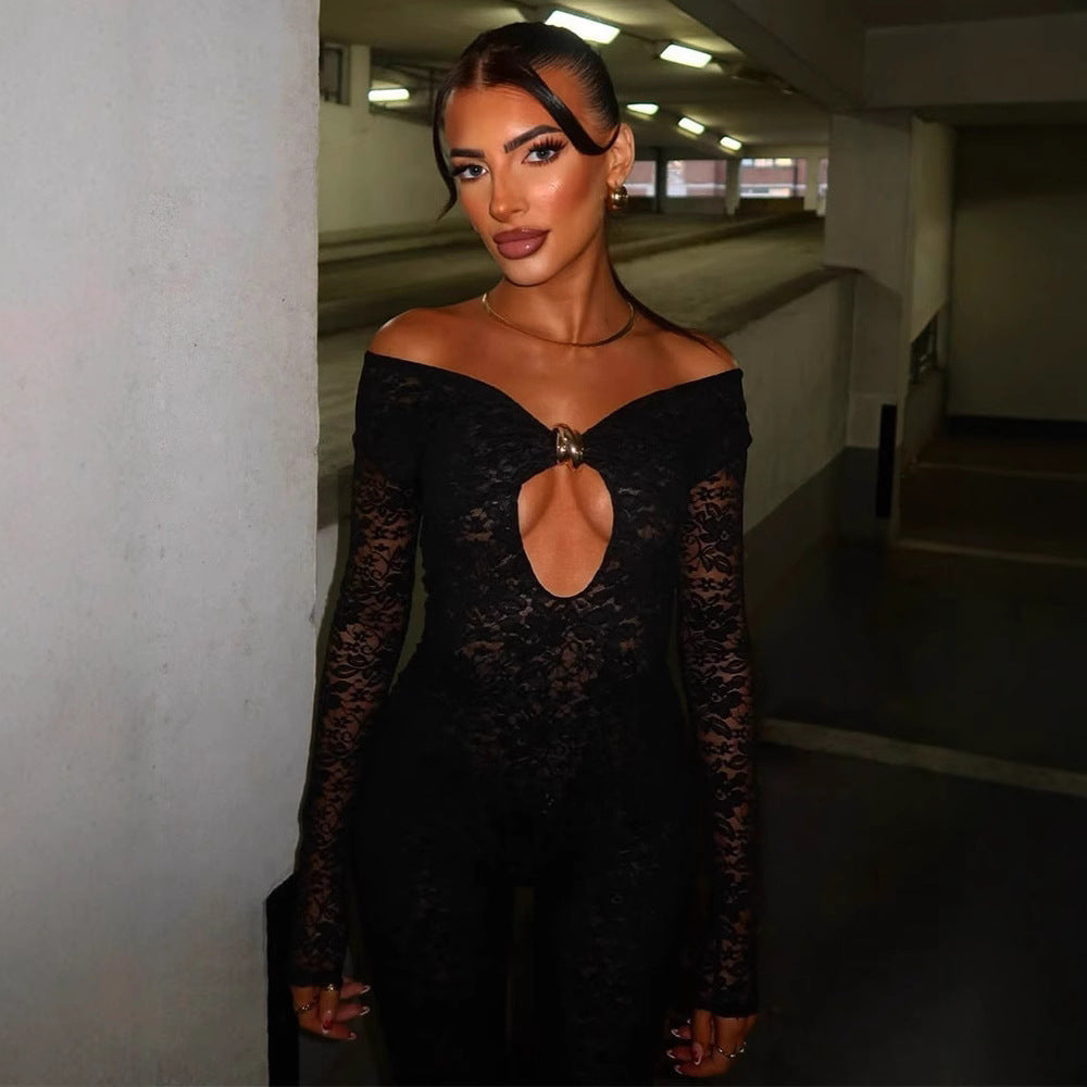 Damen Eleganter Lace-Bodysuit mit tiefem V-Ausschnitt und langen Ärmeln Heidi-Mode