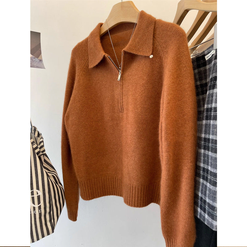 Damen Kuscheliger Pullover mit Stehkragen und kurzem Reißverschluss Heidi-Mode