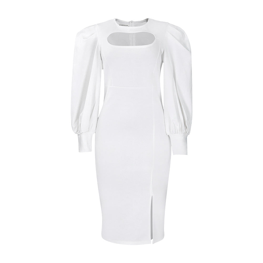 Damen Etuikleid mit angeschnittenen Puffärmeln und trendigem Cut-Out Heidi-Mode