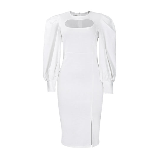 Damen Etuikleid mit angeschnittenen Puffärmeln und trendigem Cut-Out Heidi-Mode