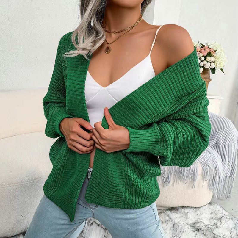 Damen Grobstrick Cardigan mit weit geschnittenen Ärmeln und offenem V-Ausschnitt Heidi-Mode