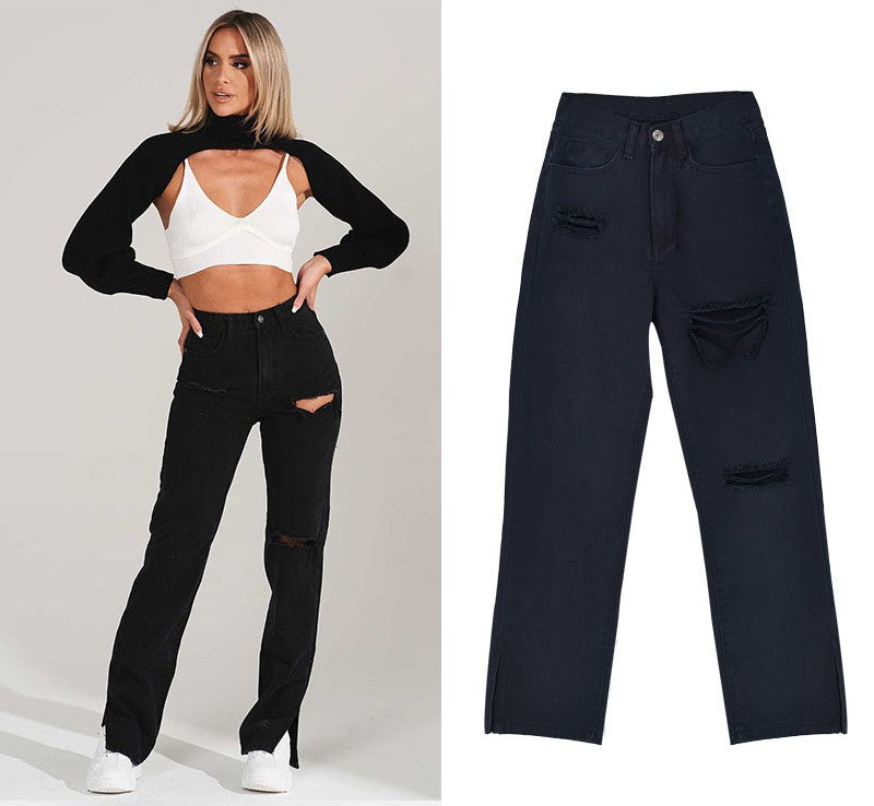 Damen lässige Ripped Jeans mit hoher Taille und modernen Fransen Heidi-Mode