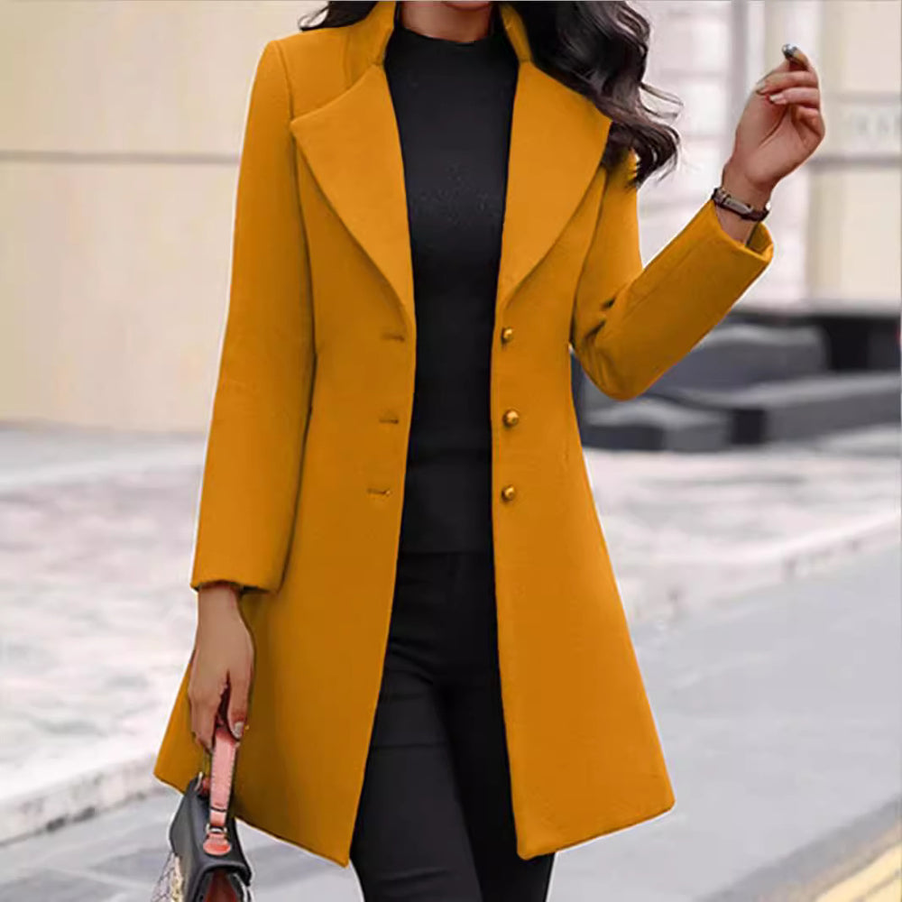 Damen zeitloser Wollmantel mit stilvollem Revers und eleganter Knopfleiste Heidi-Mode