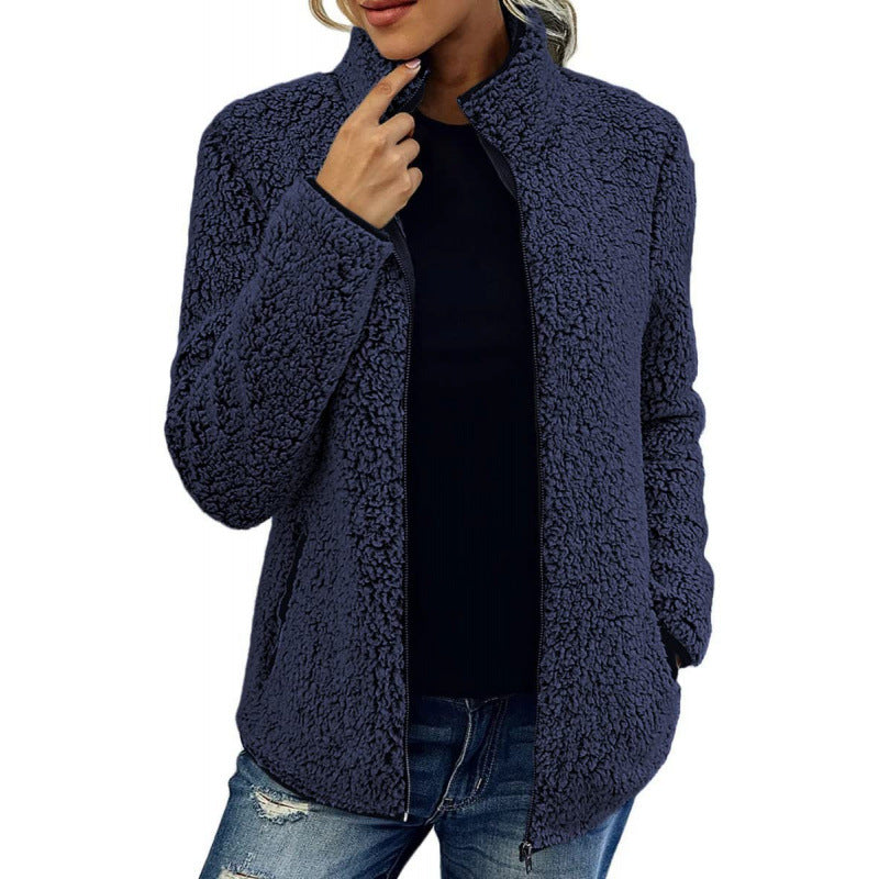 Damen flauschige Fleecejacke mit hohem Kragen und seitlichen Taschen Heidi-Mode