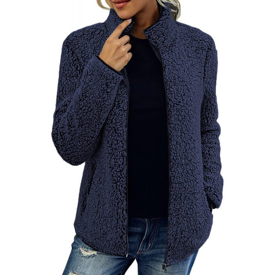 Damen flauschige Fleecejacke mit hohem Kragen und seitlichen Taschen Heidi-Mode