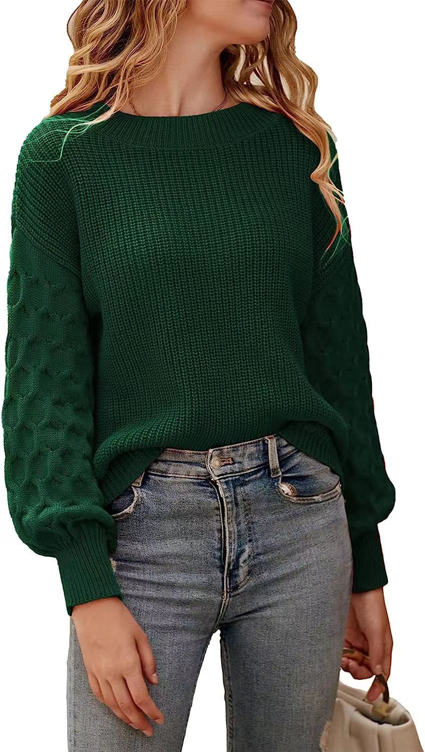 Damen modischer Strickpullover mit strukturierten Ärmeln und Rundhalsausschnitt Heidi-Mode