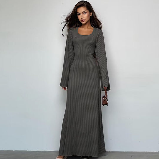 Damen Elegantes Maxikleid mit extra weitem Ärmel und trendiger Rippstruktur Heidi-Mode