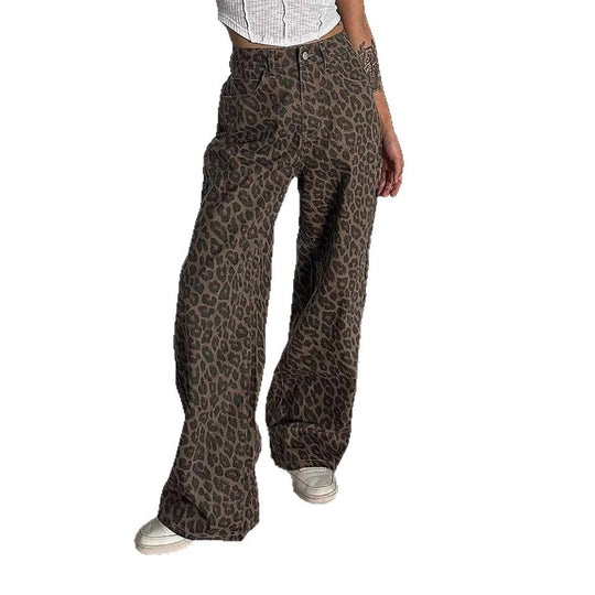Damen Weit geschnittene Leoparden-Jeans im lässigen Stil Heidi-Mode