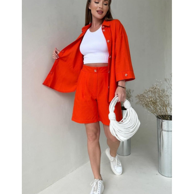 Heidi-Mode | Locker Langarm-Top Lässige Hochbund-Shorts Zweiteiliges Set