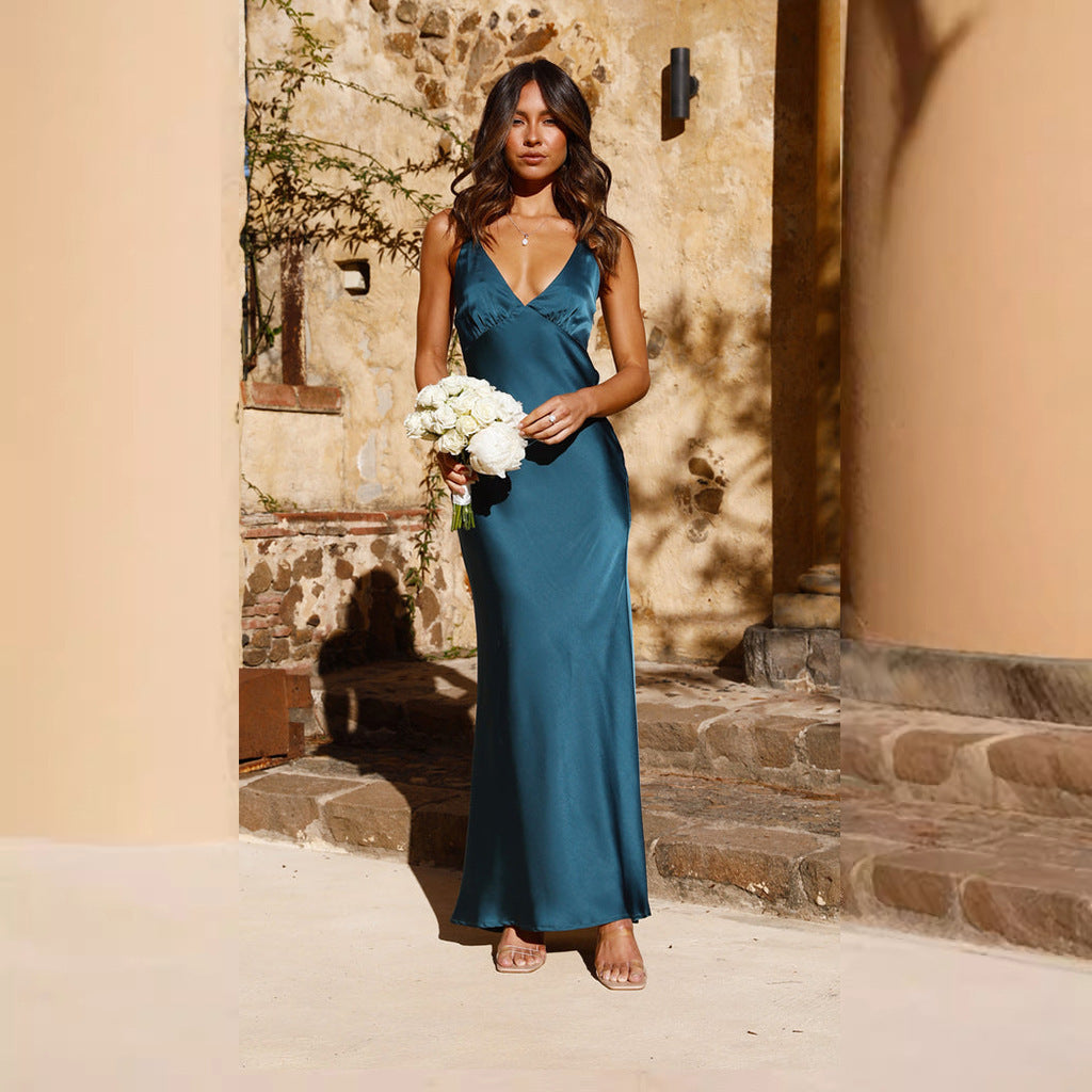 Damen Satin Maxikleid mit eleganter V-Form und fließendem Schnitt Heidi-Mode