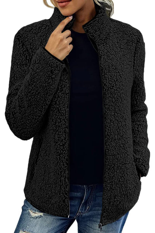 Damen kuschelige Fleecejacke mit hohem Kragen und praktischen Taschen Heidi-Mode