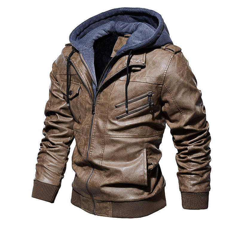 Herren lässige Kunstlederjacke mit abnehmbarer Kapuze und zahlreichen Taschen Heidi-Mode