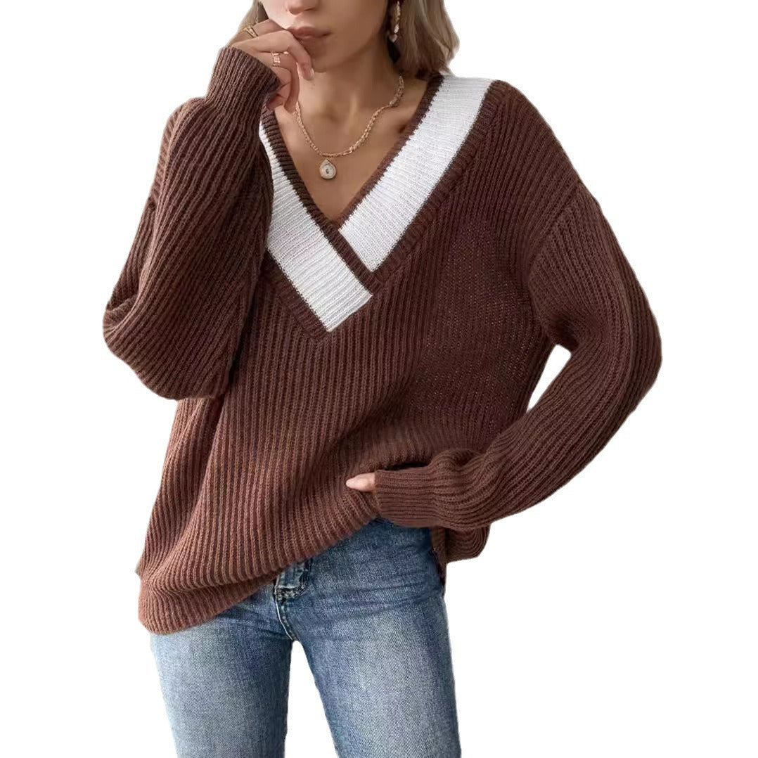 Damen oversized V-Pullover mit strukturiertem Rippstrickdesign Heidi-Mode