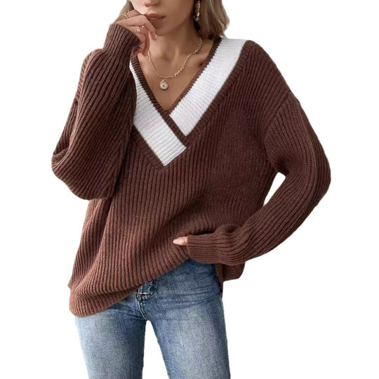 Damen oversized V-Pullover mit strukturiertem Rippstrickdesign Heidi-Mode