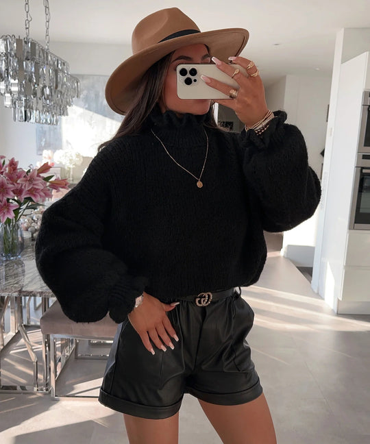 Damen kuscheliger Rollkragenpullover mit weiten Ärmeln und strukturellem Design Heidi-Mode