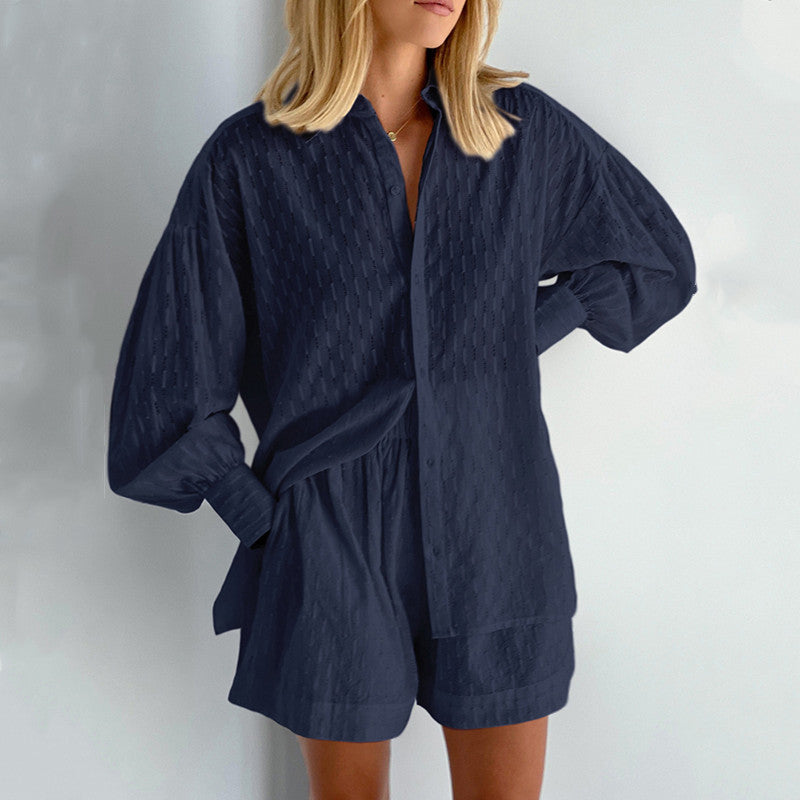 Damen lässiges Hemd-Shorts-Set mit elegantem Webmuster Heidi-Mode