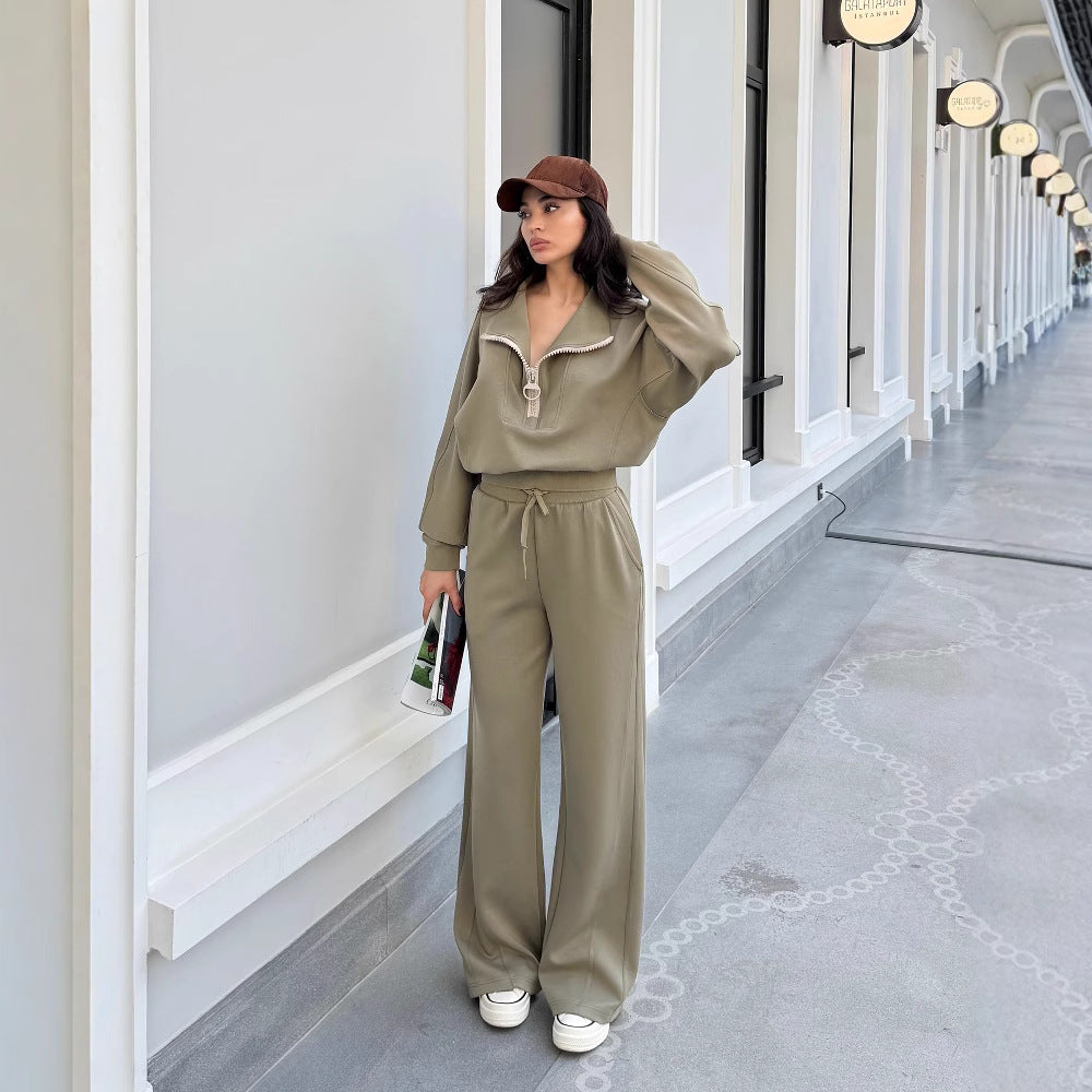 Damen gemütliches Fleece-Loungewear-Set mit hochgezogenem Kragen und lockerer Passform Heidi-Mode