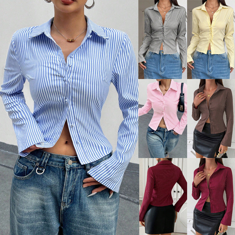 Damen Elegante Bluse mit schmalen Streifen und tailliertem Schnitt Heidi-Mode