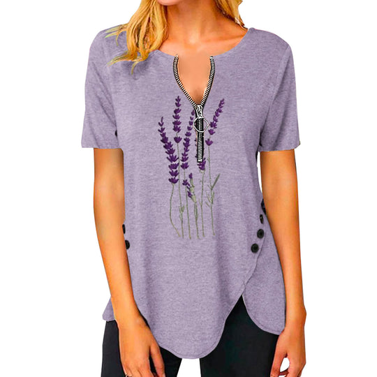 Damen T-Shirt mit halbgeschlossenem Reißverschluss und floralem Muster Heidi-Mode