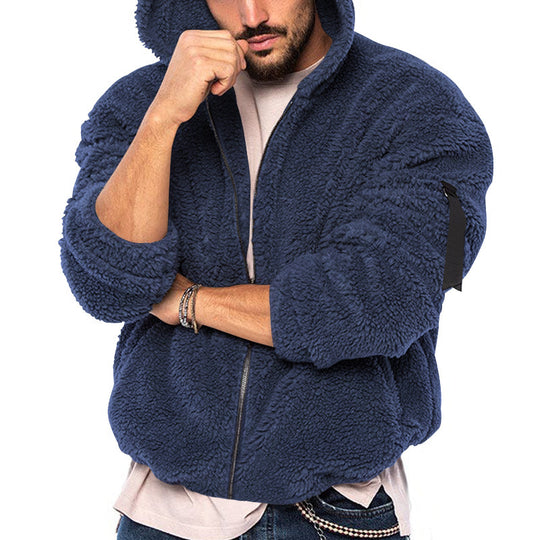 Herren flauschige Fleecejacke mit angeschnittener Kapuze und tiefen Taschen Heidi-Mode