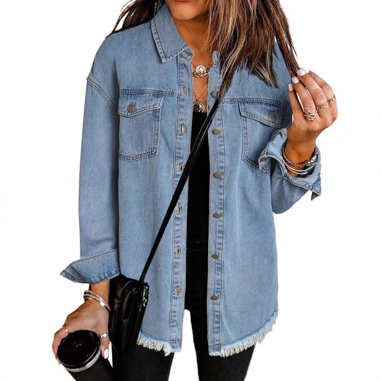 Damen Denim Overshirt mit fransigem Saum und Brusttaschen Heidi-Mode