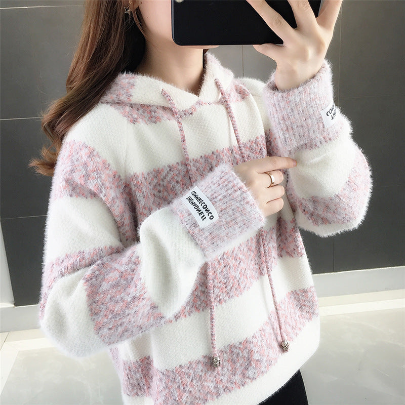 Damen Freizeit Hoodie mit strukturiertem Streifenmuster und Kordelzug Heidi-Mode