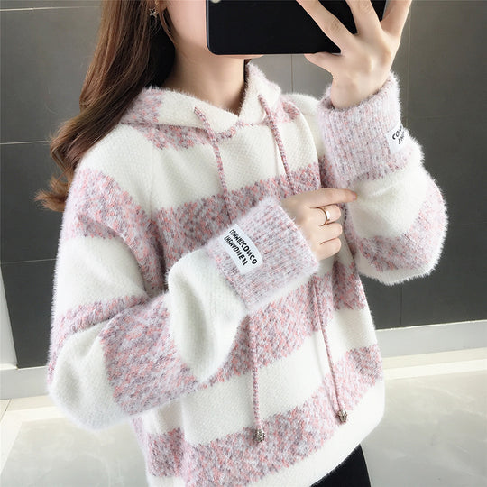 Damen Freizeit Hoodie mit strukturiertem Streifenmuster und Kordelzug Heidi-Mode