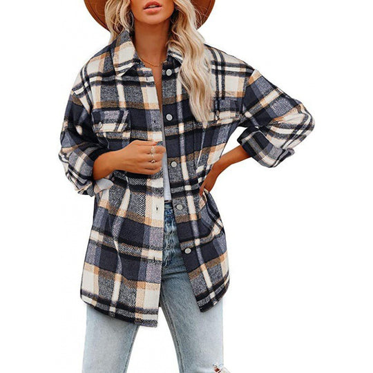 Damen Karobluse mit oversized Schnitt und Taschen Heidi-Mode