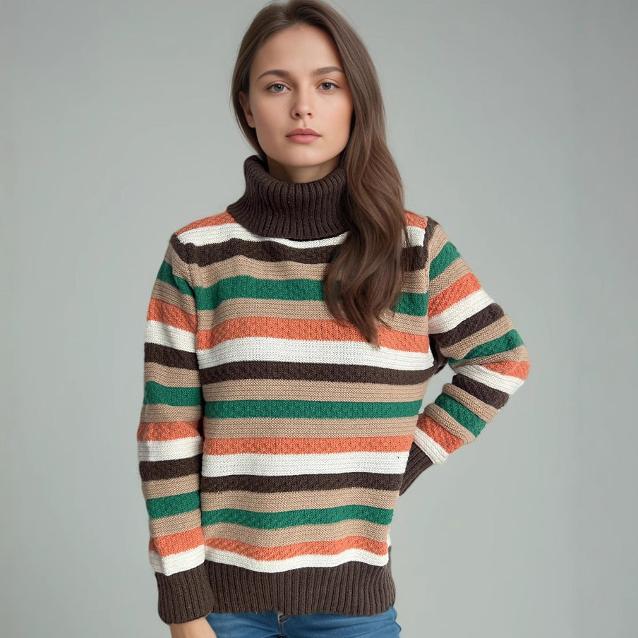 Damen Rollkragenpullover mit farbenfrohen Streifen und hochwertiger Strickqualität Heidi-Mode