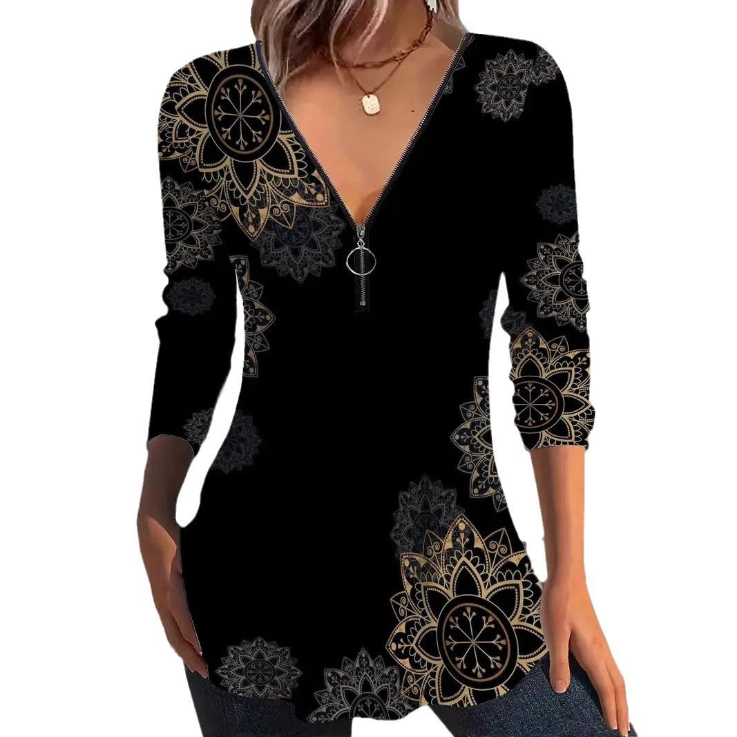Damen Langarmshirt mit Reißverschluss und floralem Muster Heidi-Mode