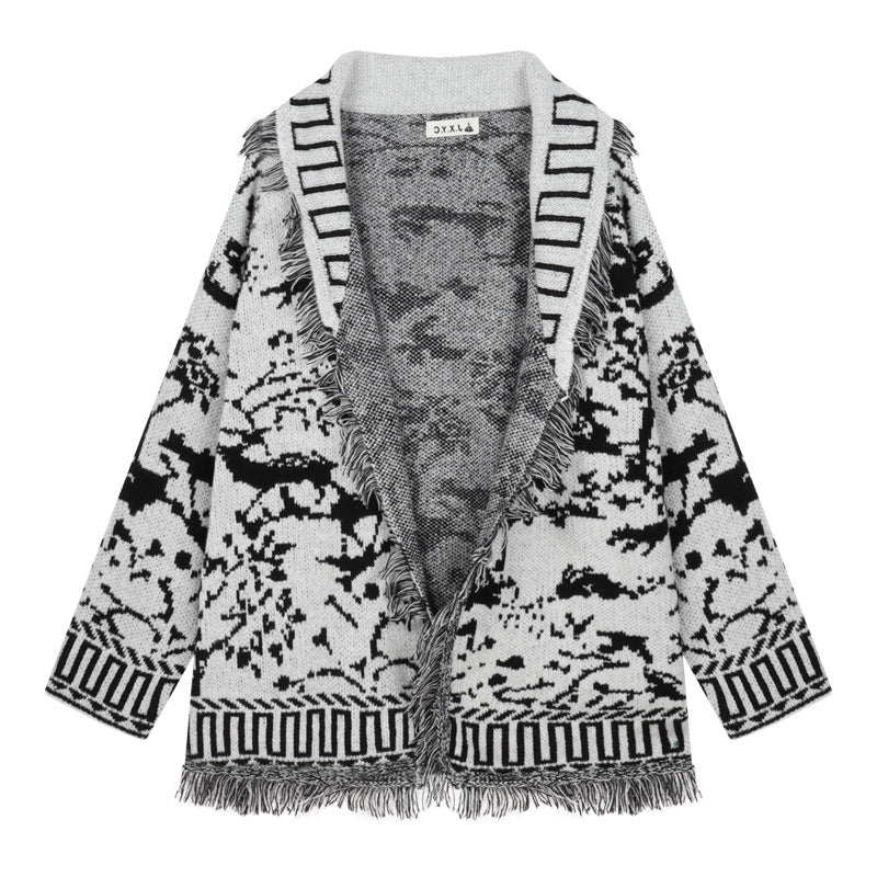 Damen Fransen-Strickjacke mit grafischem Muster und offenen Vorderteilen Heidi-Mode