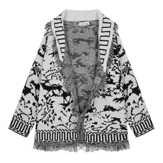 Damen Fransen-Strickjacke mit grafischem Muster und offenen Vorderteilen Heidi-Mode