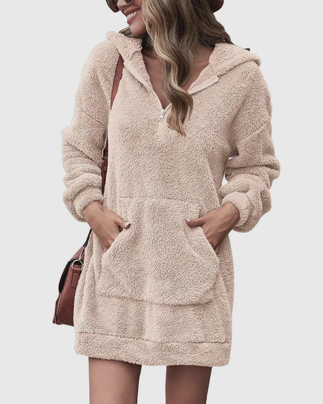 Damen Fleece-Kapuzenkleid mit Taschen und Reißverschluss Heidi-Mode