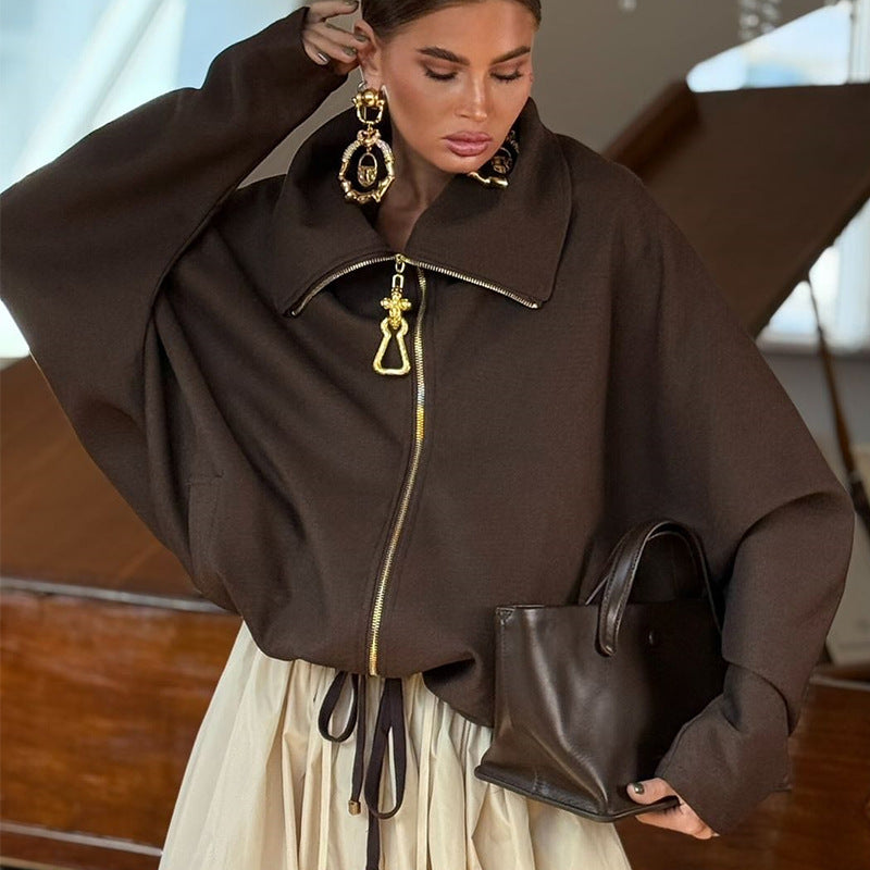 Damen Lässige Oversize-Jacke mit hohem Kragen und Reißverschluss Heidi-Mode