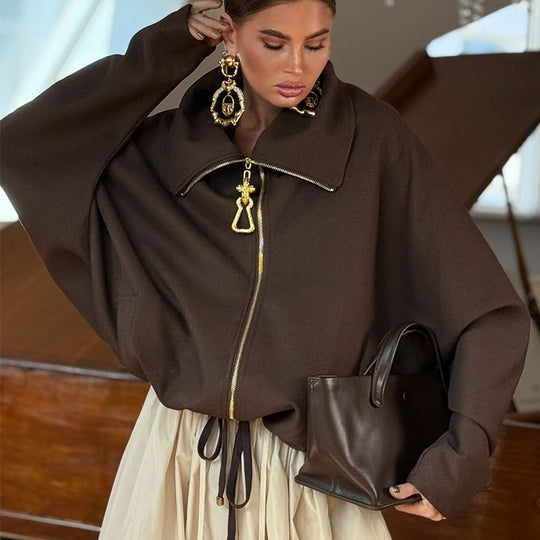 Damen Lässige Oversize-Jacke mit hohem Kragen und Reißverschluss Heidi-Mode