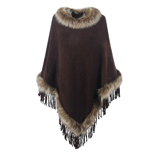 Damen eleganter Poncho mit luxuriösem Kunstfellkragen und dekadenten Fransen Heidi-Mode