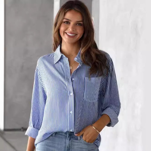 Damen Hemdbluse mit feinen vertikalen Streifen und lässigem Schnitt Heidi-Mode