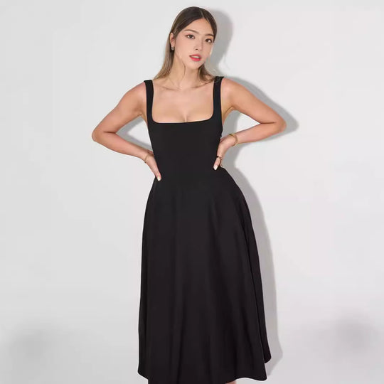 Damen A-Linien Maxikleid mit quadratischem Ausschnitt und fließendem Stoff Heidi-Mode