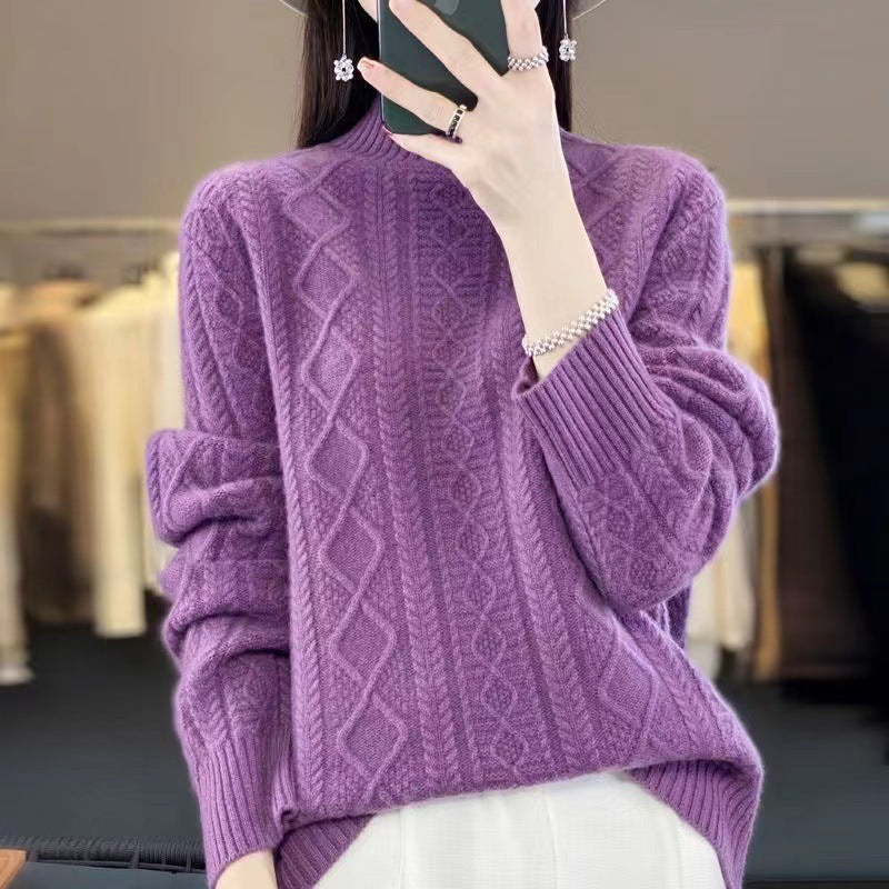 Damen Hochwertiger Strickpullover mit Stehkragen und Zopfdesign Heidi-Mode