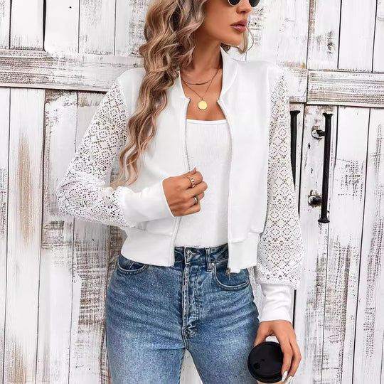 Damen Bomberjacke mit Spitze und elastischen Bündchen Heidi-Mode