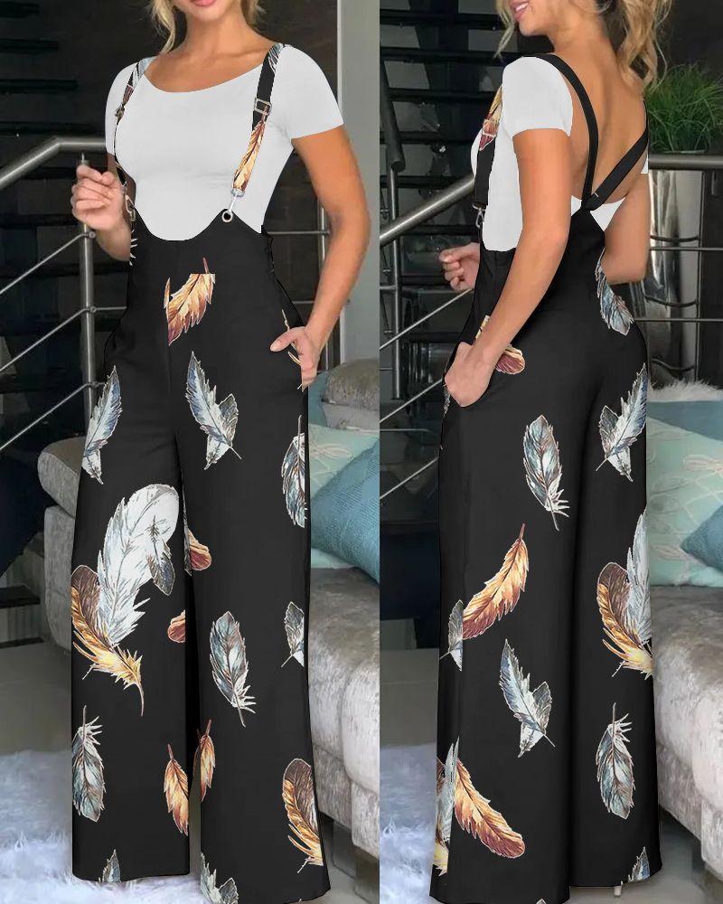 Damen modische Latzhose mit weitem Bein und buntem Grafikdesign Heidi-Mode