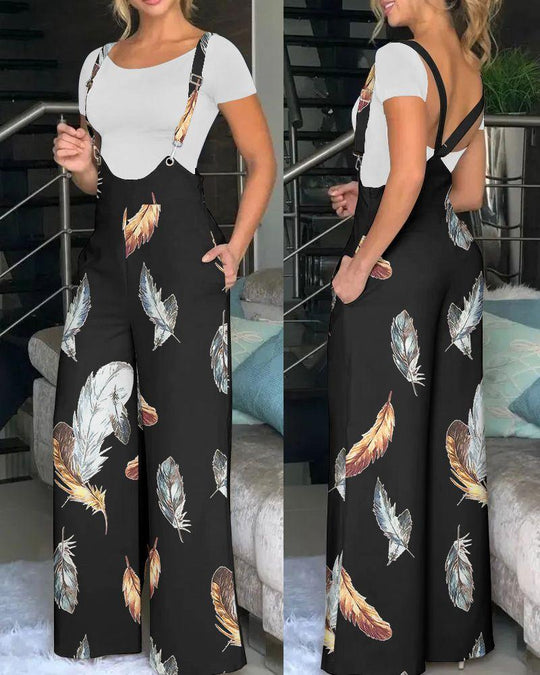 Damen modische Latzhose mit weitem Bein und buntem Grafikdesign Heidi-Mode