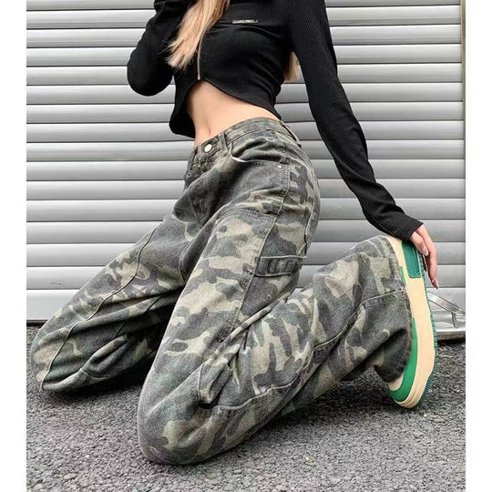 Heidi-Mode | Damen Camo-Print Weite Beinform Denim-Jeans