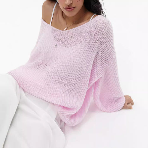 Damen lässiger Strickpullover mit weiten Ärmeln und tiefem V-Ausschnitt Heidi-Mode