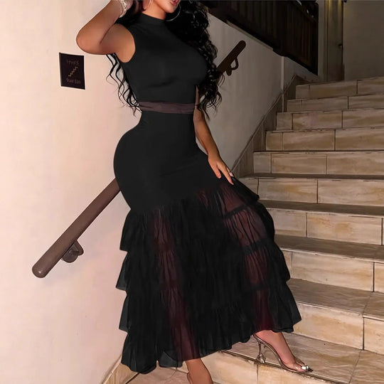 Damen Maxikleid mit transparentem Tüllrock und figurbetontem Oberteil Heidi-Mode