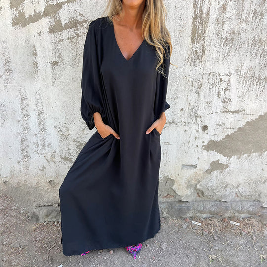 Damen Maxi-Kleid mit eleganten Puffärmeln und seitlichen Schlitzen Heidi-Mode